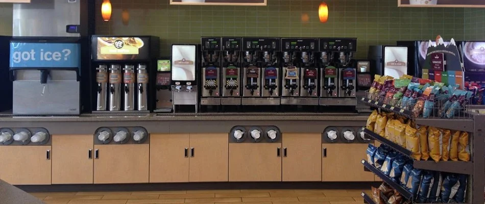 Coffee and beverage display in a convenience store in Jacksonville, FL.