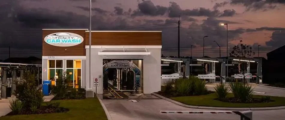 Exterior of car wash tunnel in Dallas, TX.