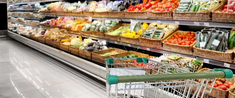 Grocery cart next to a row of fruits and vegetables in a grocery store in Florida.